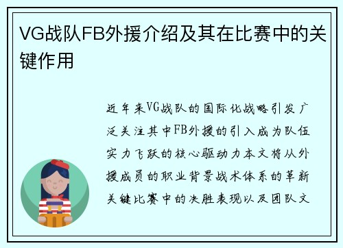 VG战队FB外援介绍及其在比赛中的关键作用
